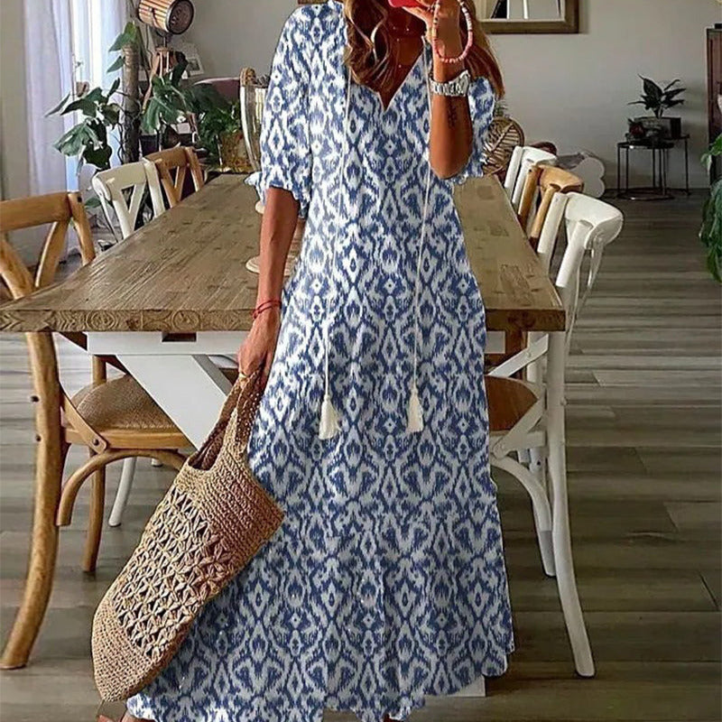 Women's - Boho Vintage V-Neck Floral Dress - Elegant Design