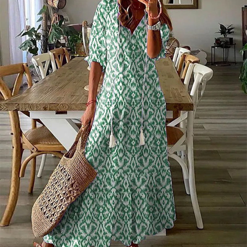 Women's - Boho Vintage V-Neck Floral Dress - Elegant Design