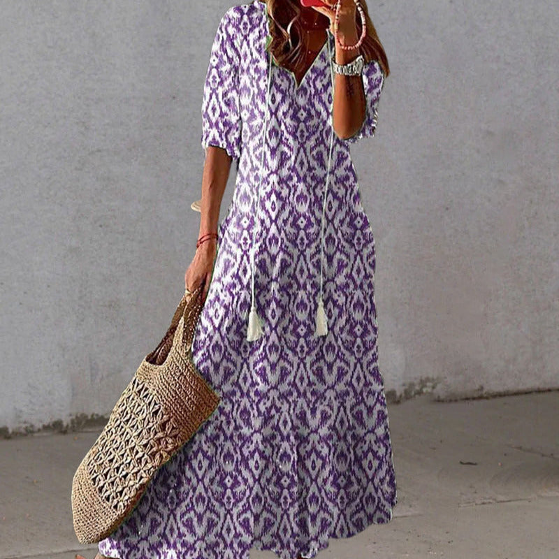 Women's - Boho Vintage V-Neck Floral Dress - Elegant Design