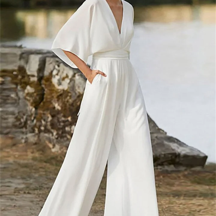 Women's - V-neck Jumpsuit - Wide Leg Design
