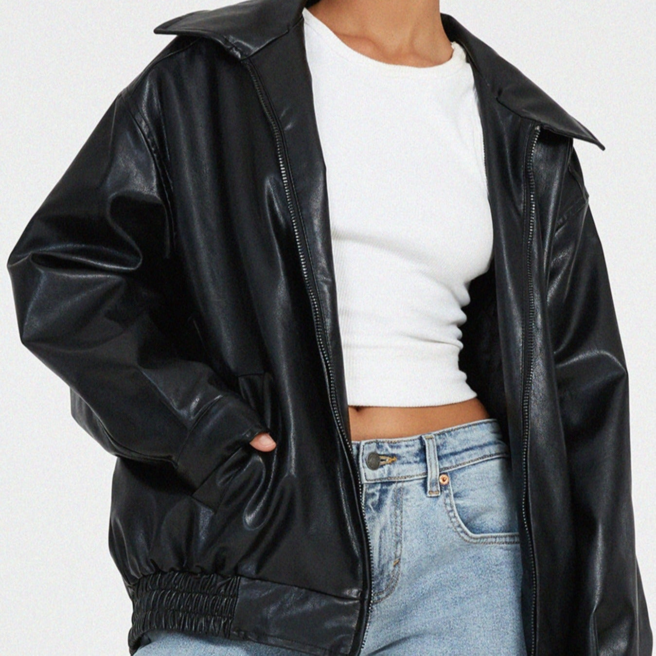 Women's - Relaxed Leather Jacket - Zip-Up High Collar Fit