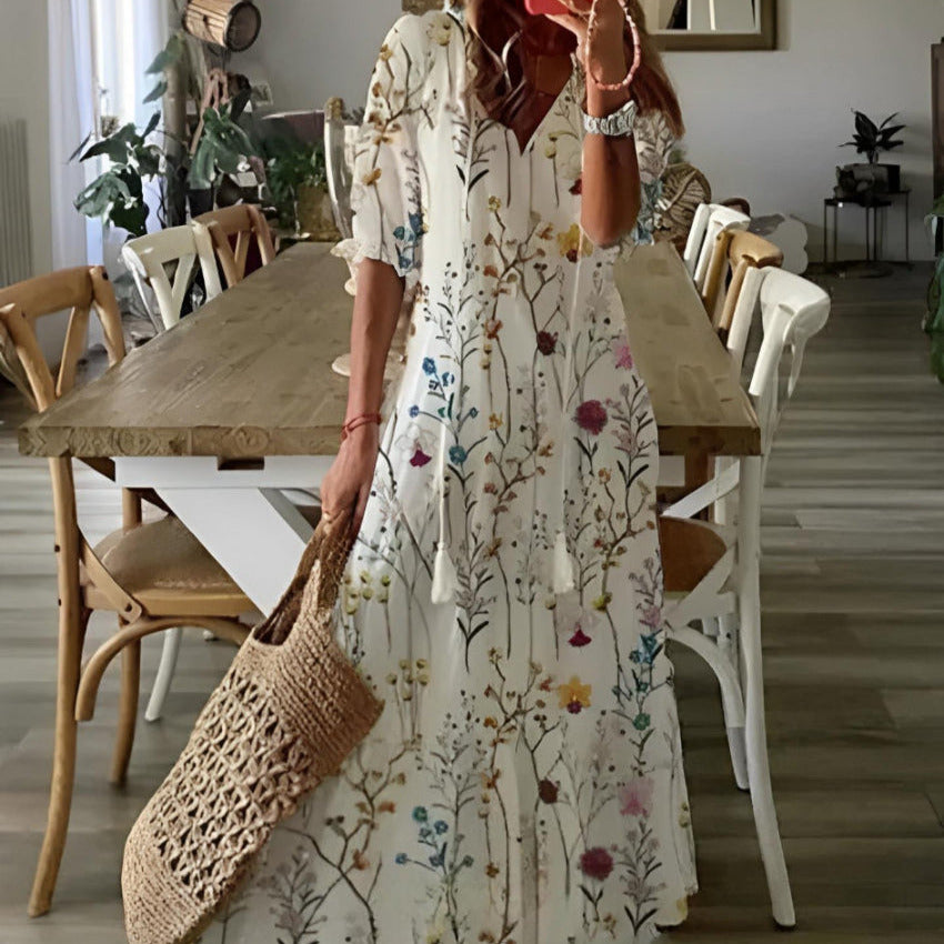 Women's - Boho Vintage V-Neck Floral Dress - Elegant Design