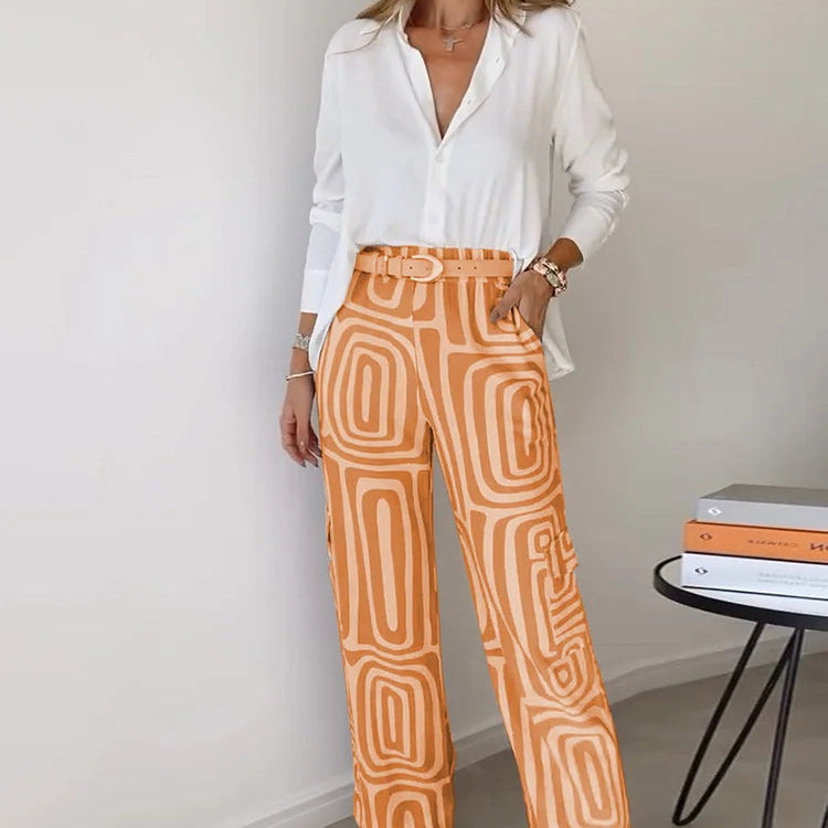Women's - Geometric Palazzo Pants & Top Set - Soft Fabric - Trendy Two-Piece Outfit for Effortless Style