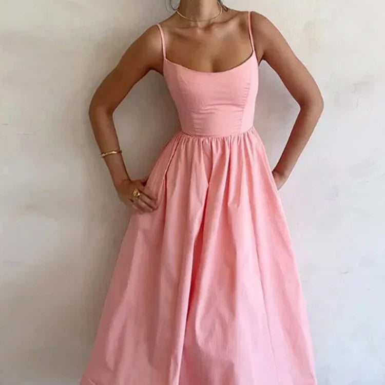 Women's - Strappy Dress - Scoop Neck Solid Colour