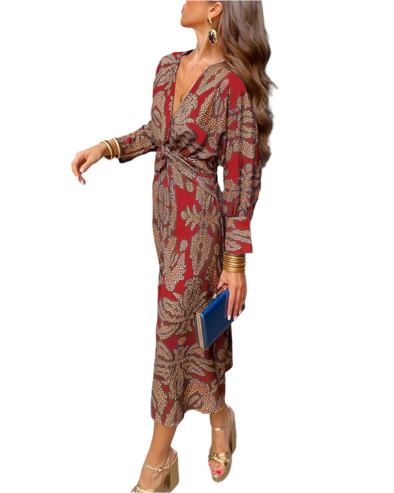 Women's - Elegant Long Sleeve Floral Print Midi Dress with Deep V-Neck