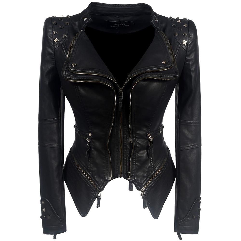 Women's - Black Slim Fit Biker Jacket - Stylish Design