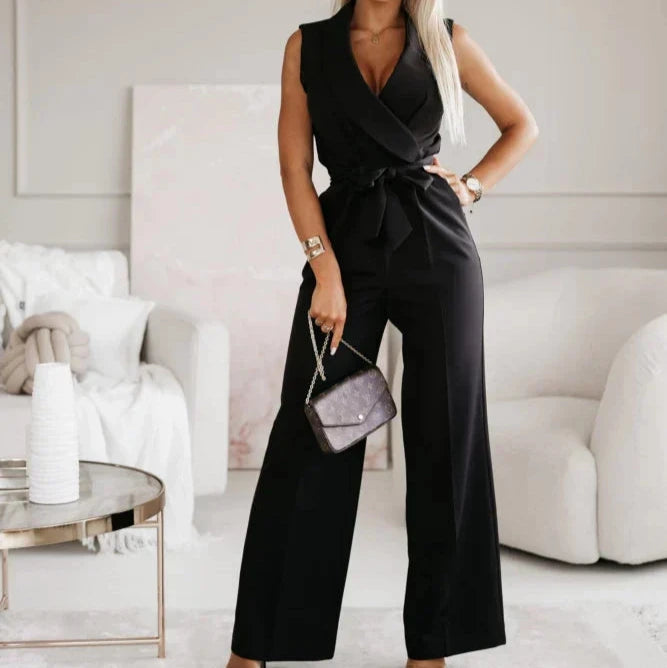 Women's - Sleeveless Wrap Jumpsuit - Belted Waist