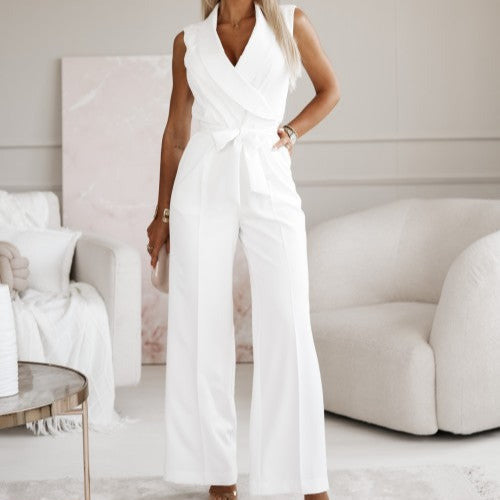 Women's - Sleeveless Wrap Jumpsuit - Belted Waist