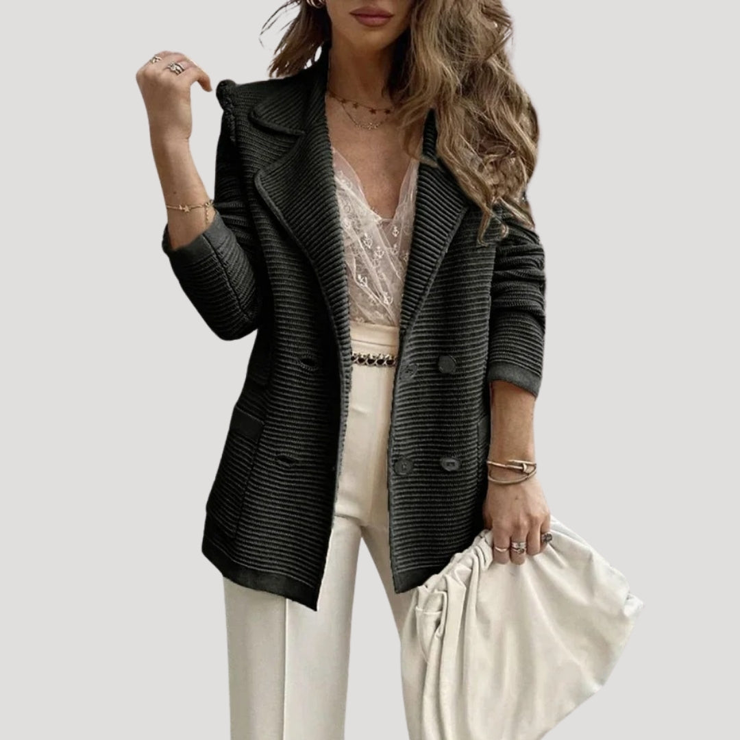 Women's - Chic Ribbed Double-Breasted Blazer Jacket - Stylish Layering Essential