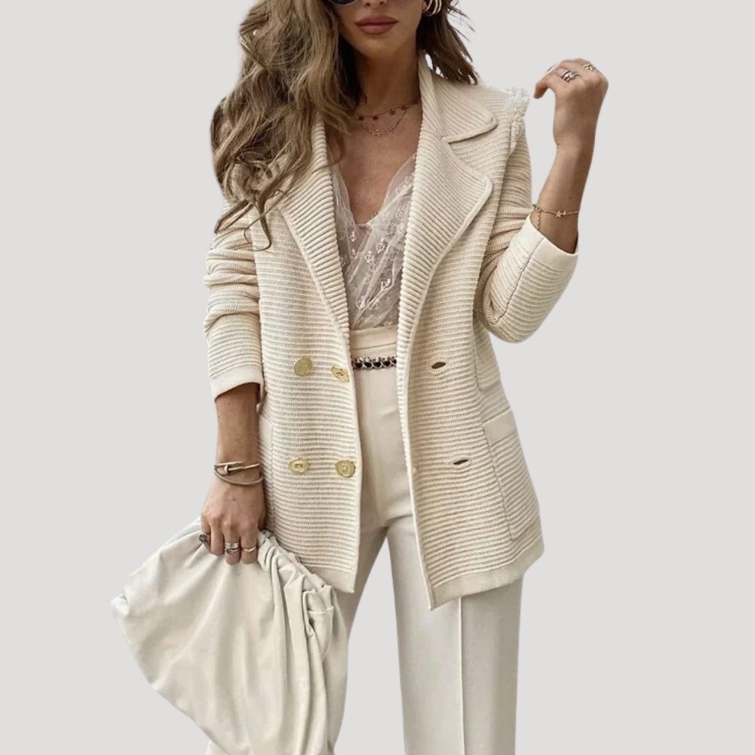 Women's - Chic Ribbed Double-Breasted Blazer Jacket - Stylish Layering Essential