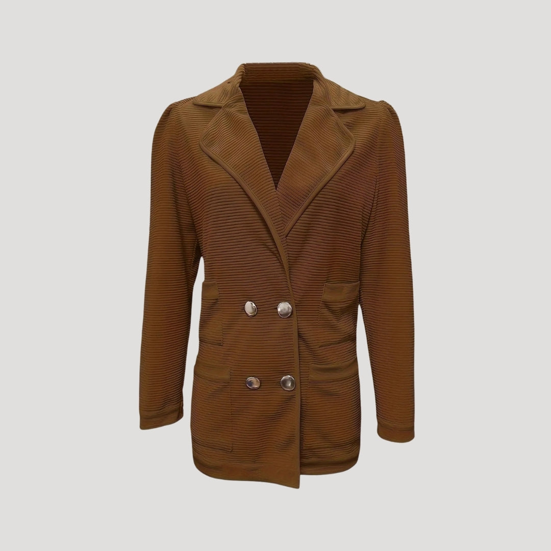 Women's - Chic Ribbed Double-Breasted Blazer Jacket - Stylish Layering Essential