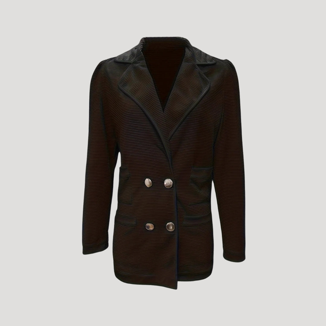 Women's - Chic Ribbed Double-Breasted Blazer Jacket - Stylish Layering Essential