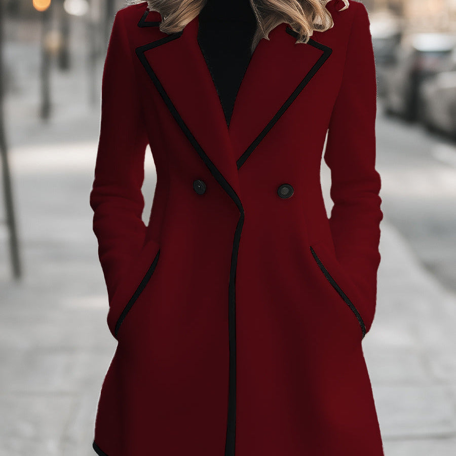 Women's - Chic Double-Breasted Coat with Black Trim