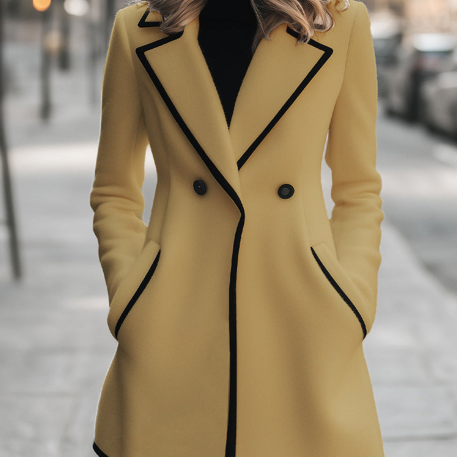 Women's - Chic Double-Breasted Coat with Black Trim
