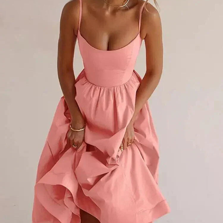 Women's - Strappy Dress - Scoop Neck Solid Colour