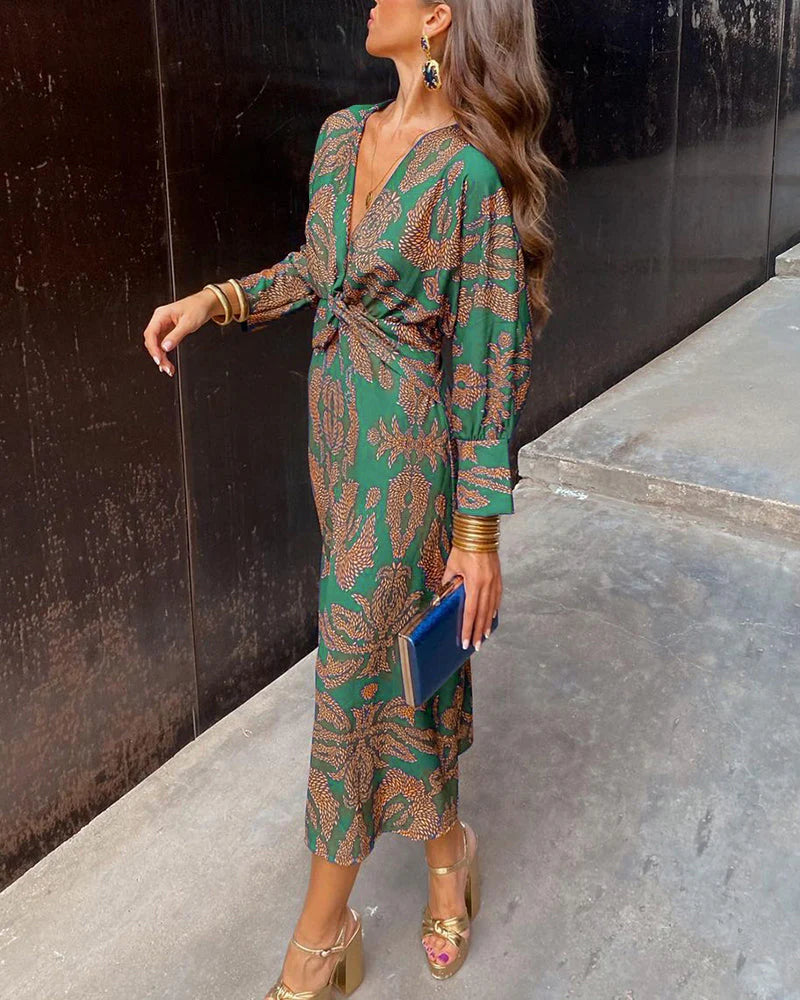 Women's - Elegant Long Sleeve Floral Print Midi Dress with Deep V-Neck