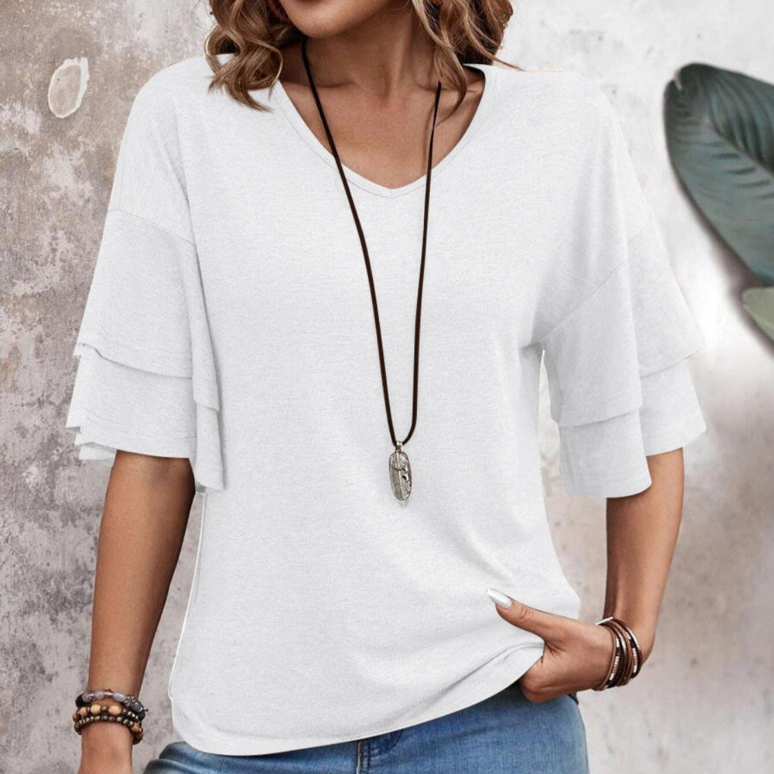 Women's - V-Neck Half Sleeve Blouse - Soft Fabric - Stylish Top