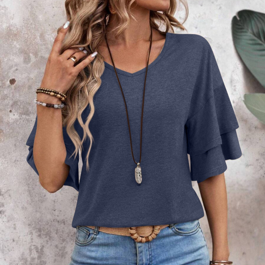 Women's - V-Neck Half Sleeve Blouse - Soft Fabric - Stylish Top