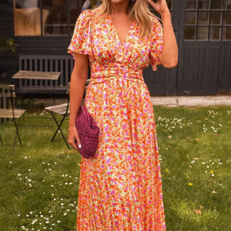 Women's – Floral Dress – V-Neck, High Waist Fit