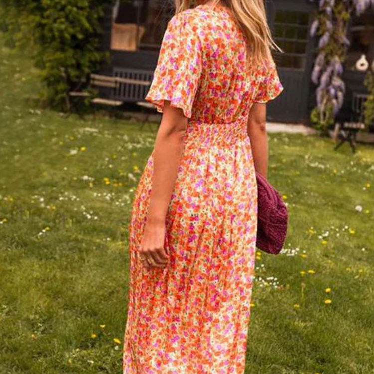 Women's – Floral Dress – V-Neck, High Waist Fit