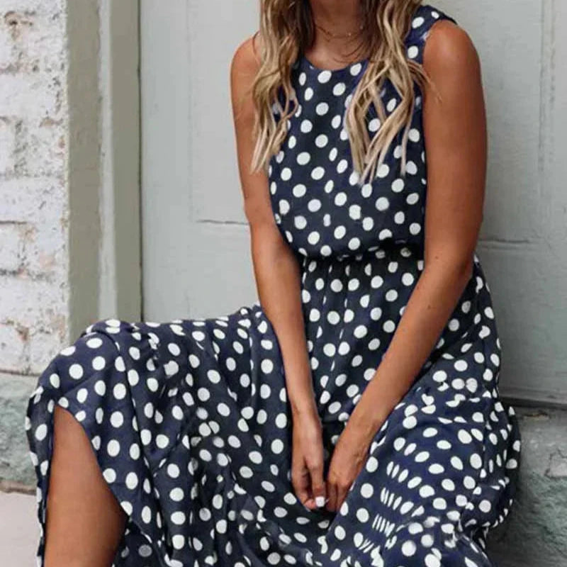 Women's - Sleeveless Polka Dot Maxi Dress - Chic Style