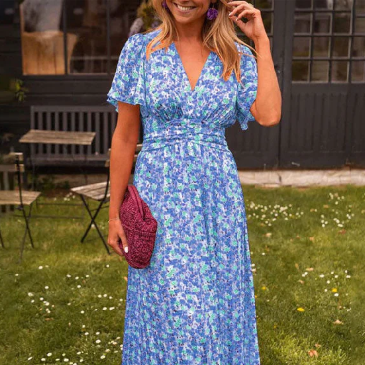 Women's – Floral Dress – V-Neck, High Waist Fit
