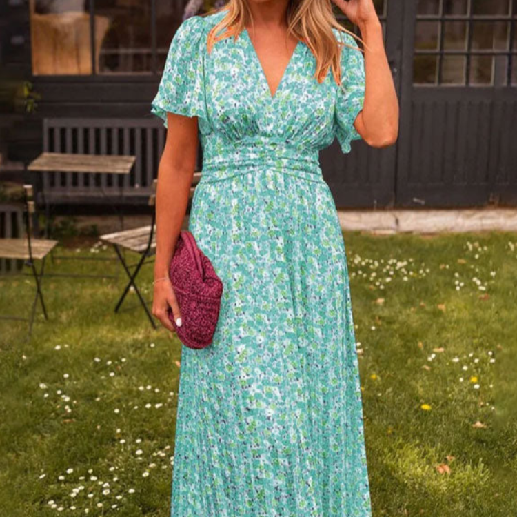 Women's – Floral Dress – V-Neck, High Waist Fit