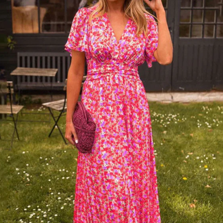 Women's – Floral Dress – V-Neck, High Waist Fit