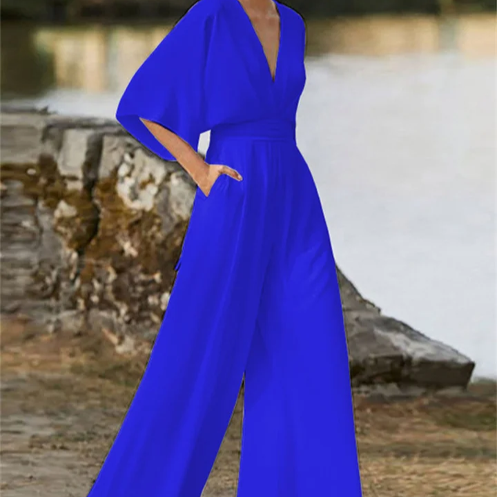 Women's - V-neck Jumpsuit - Wide Leg Design