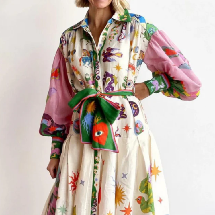 Women's – Printed Maxi Dress – Adjustable Waist