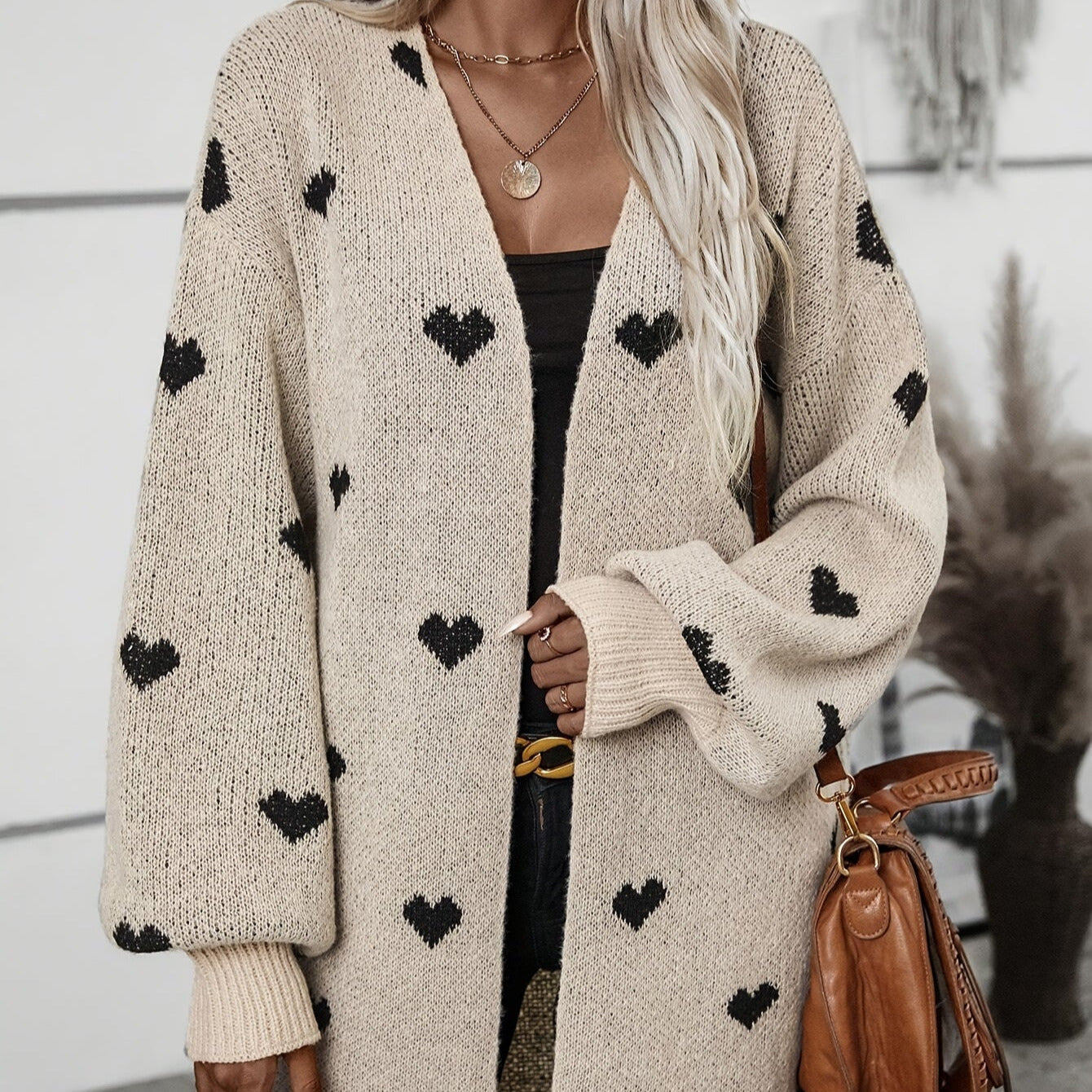 Women's - Heart Pattern Cardigan - Long Sleeve Style