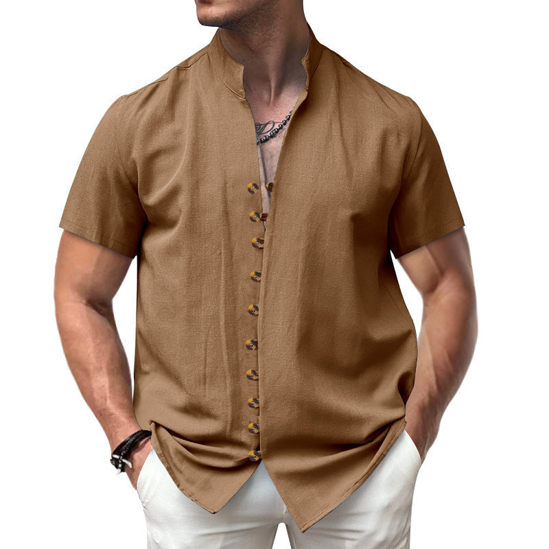 Men's - Short Sleeve Stand Collar Shirt - Linen Blend