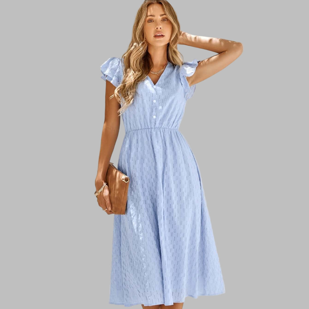 Women's - Ruffled V-Neck Midi Dress - Flowing Style