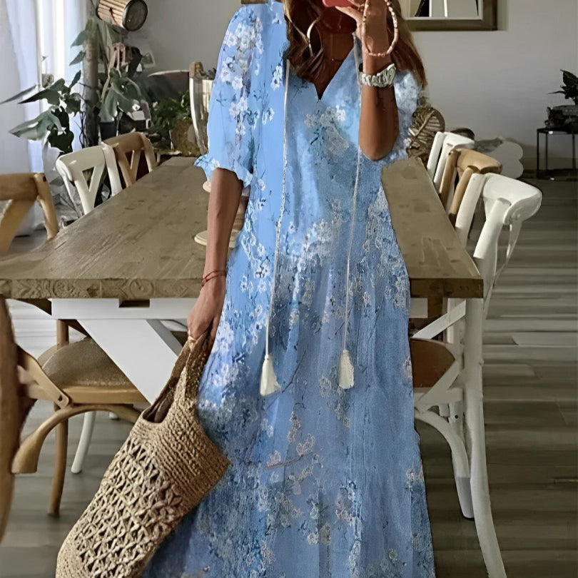 Women's - Boho Vintage V-Neck Floral Dress - Elegant Design