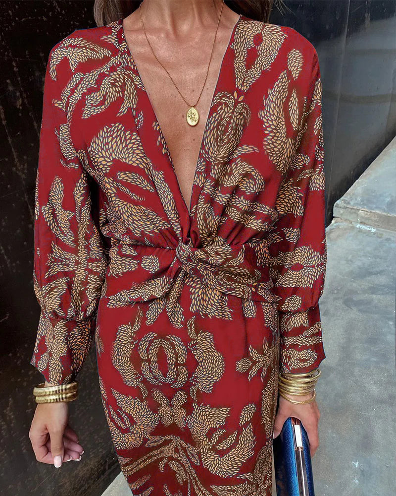 Women's - Elegant Long Sleeve Floral Print Midi Dress with Deep V-Neck