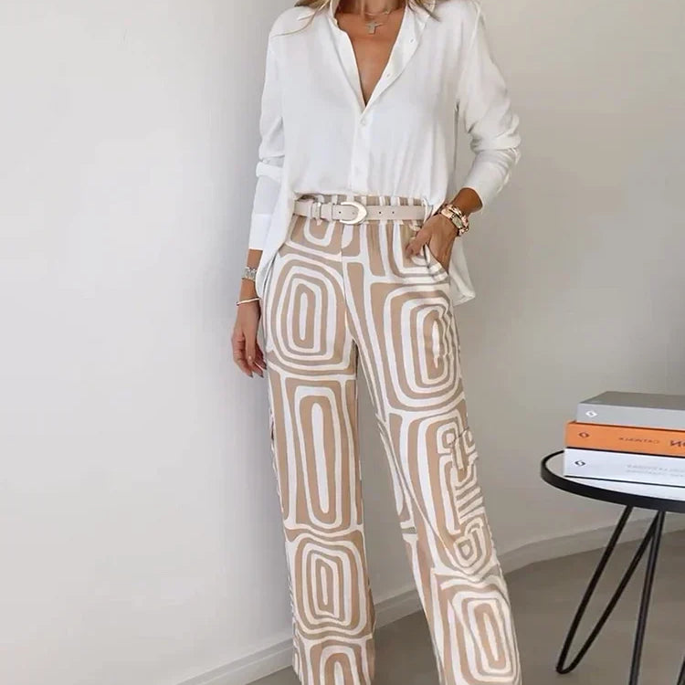 Women's - Geometric Palazzo Pants & Top Set - Soft Fabric - Trendy Two-Piece Outfit for Effortless Style