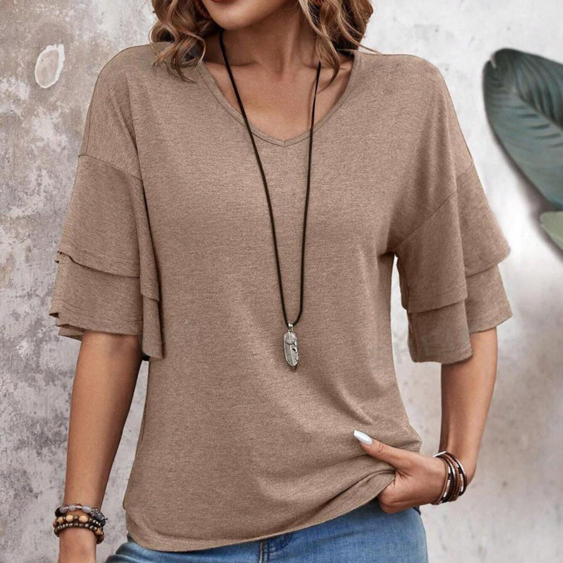 Women's - V-Neck Half Sleeve Blouse - Soft Fabric - Stylish Top