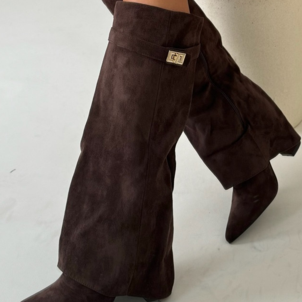 Women's - Knee-High Boots - Pointed Toe Leather Zip
