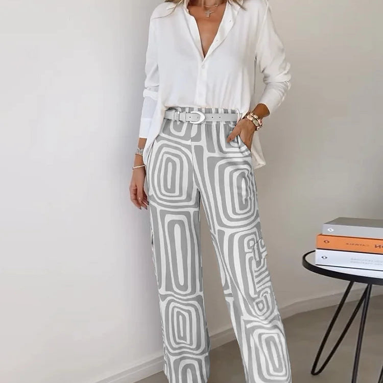 Women's - Geometric Palazzo Pants & Top Set - Soft Fabric - Trendy Two-Piece Outfit for Effortless Style