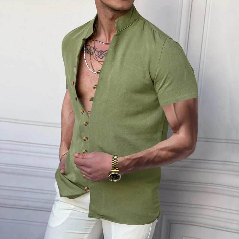 Men's - Short Sleeve Stand Collar Shirt - Linen Blend