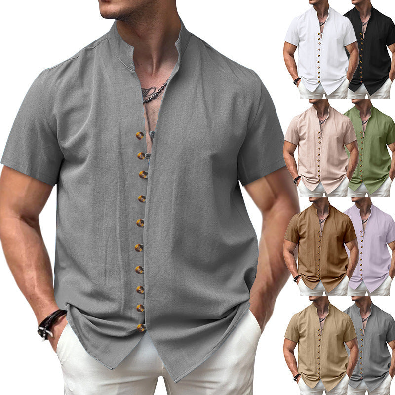 Men's - Short Sleeve Stand Collar Shirt - Linen Blend