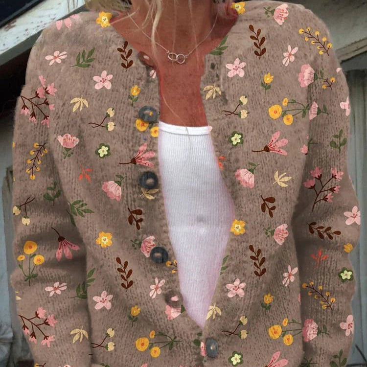Women - Cardigan - Floral Knit - Round Neck