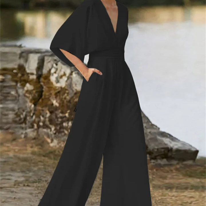 Women's - V-neck Jumpsuit - Wide Leg Design