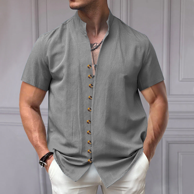 Men's - Short Sleeve Stand Collar Shirt - Linen Blend