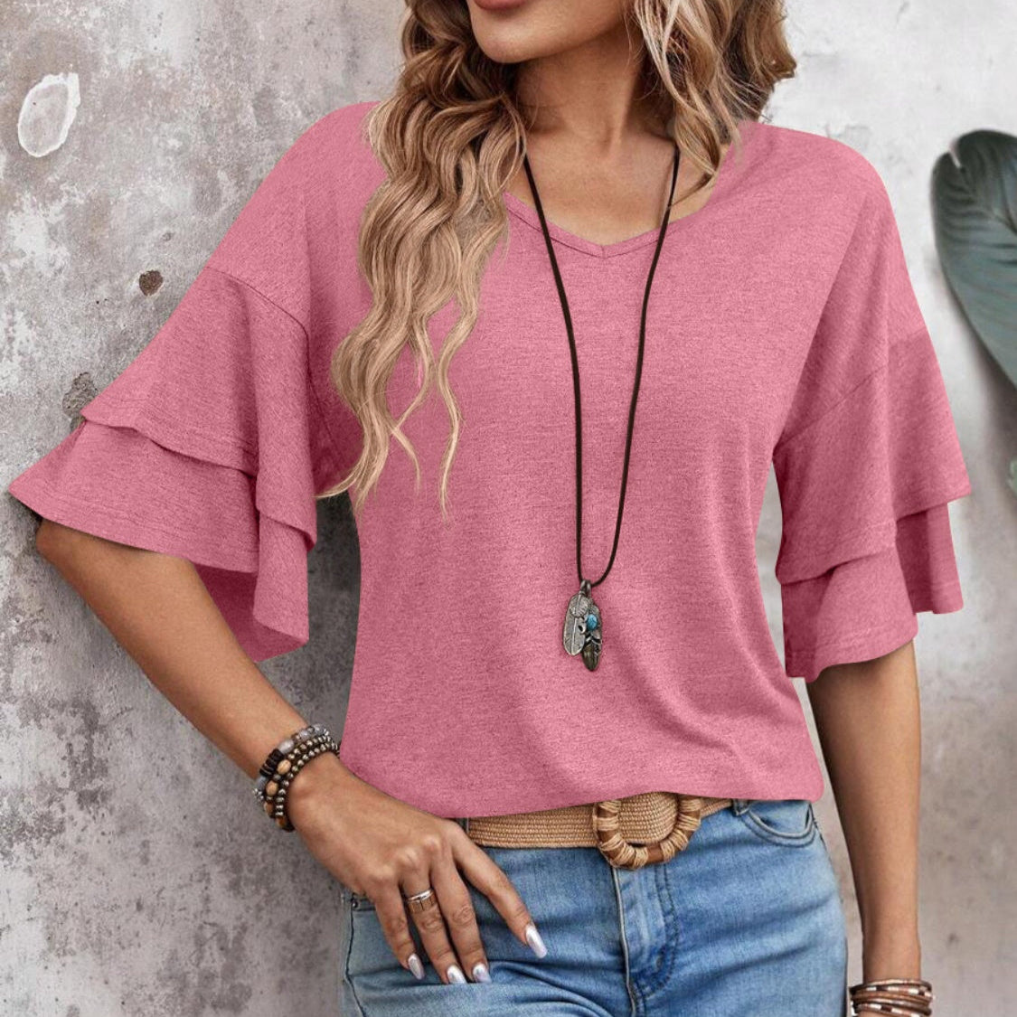Women's - V-Neck Half Sleeve Blouse - Soft Fabric - Stylish Top