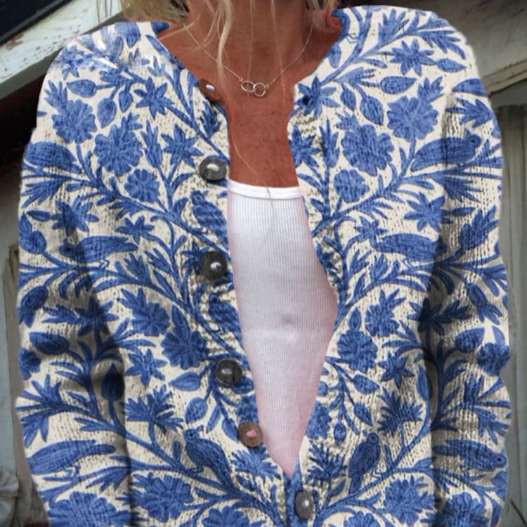 Women - Cardigan - Floral Knit - Round Neck