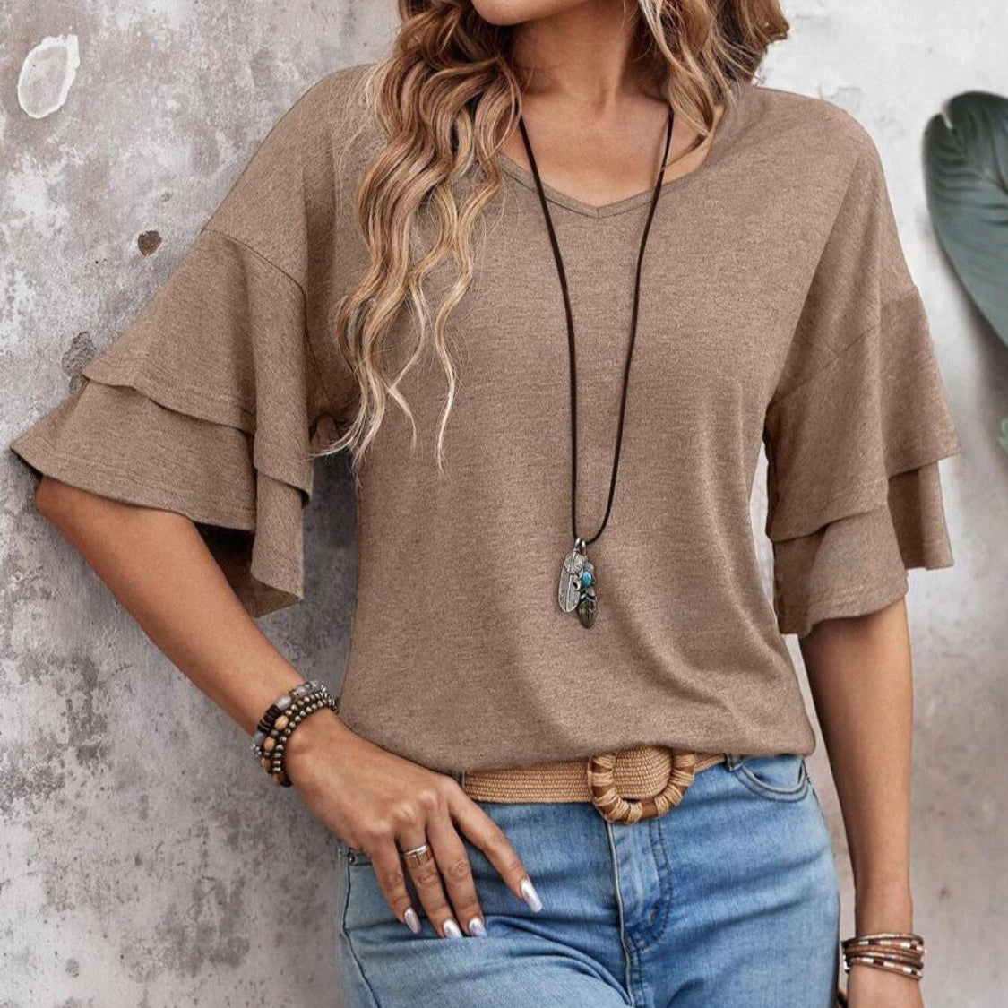 Women's - V-Neck Half Sleeve Blouse - Soft Fabric - Stylish Top