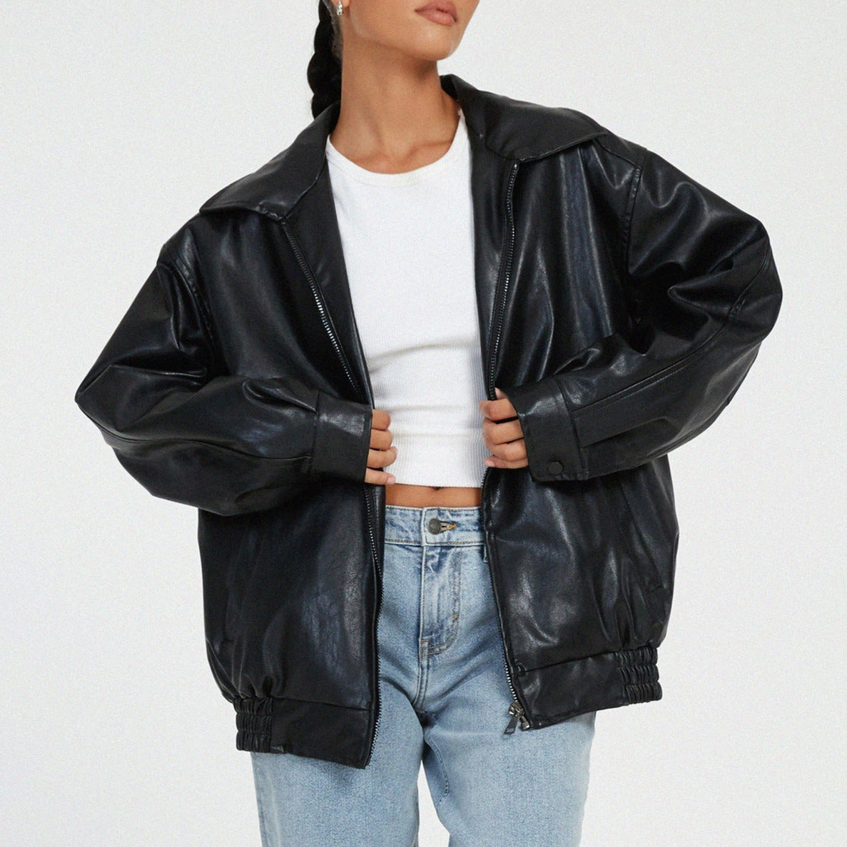 Women's - Relaxed Leather Jacket - Zip-Up High Collar Fit