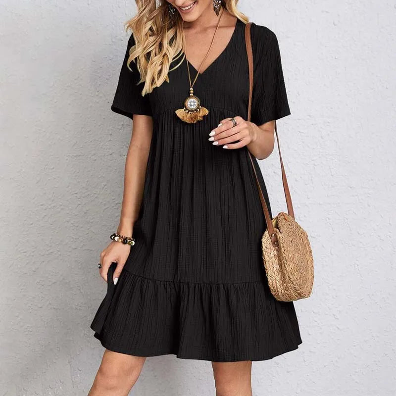 Women's - V Neck Mini Dress - Soft Fabric - Comfy Casual Style - Perfect for Summer Outings and Everyday Wear