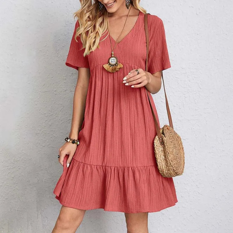 Women's - V Neck Mini Dress - Soft Fabric - Comfy Casual Style - Perfect for Summer Outings and Everyday Wear